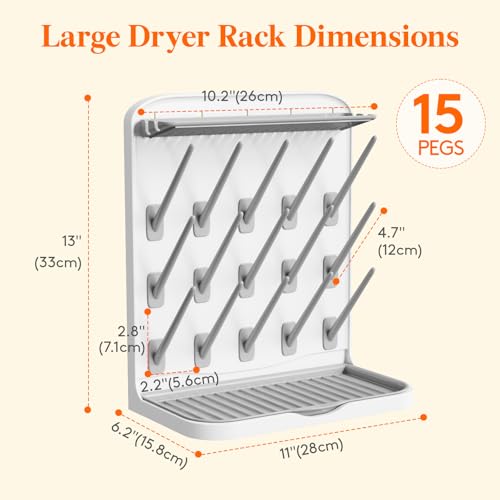 Lifewit Large Baby Bottle Drying Rack 15 Hooks, Newborn Essentials Must Haves, Bottle Storage Organizer for Countertop, Cabinet, Rack Dryer Holder for Pacifiers, Pump Parts, Baby Stuff - size: Large-15 Hooks, style: without Drain Mat