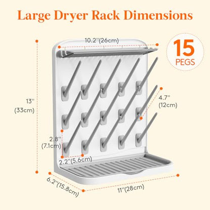Lifewit Large Baby Bottle Drying Rack 15 Hooks, Newborn Essentials Must Haves, Bottle Storage Organizer for Countertop, Cabinet, Rack Dryer Holder for Pacifiers, Pump Parts, Baby Stuff - size: Large-15 Hooks, style: without Drain Mat