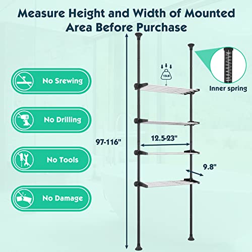 Lilyvane 4 Tiers Over Toilet Storage, 97 to116” Adjustable Tension Pole Over Toilet Bathroom Organizer, Standing Bathroom Shelves Over Toilet for Showers,Black