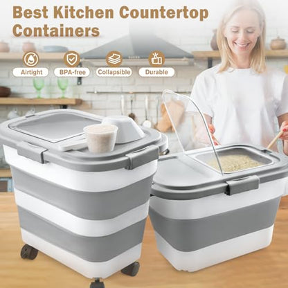 Komzon Rice Storage Container, Collapsible Airtight Food Storage Containers 6-20 Lbs, Rice Dispenser Bin with Cup and Scoop for Flour Cereal Pasta Grain, Cat Bird Pet Dog Food Storage Container - size: 6-20 Lbs