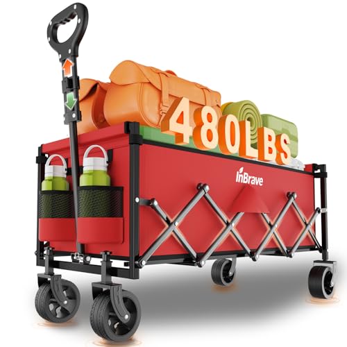 Extra Long Collapsible Wagon Cart, 480LBS Heavy Duty Utility Wagons with All-Terrain Wheels, Foldable Grocery Carts for Gardening, Shopping, Beach, Camping, Cherry Red - color: Cherry Red