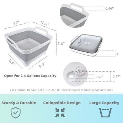 GIMWA Collapsible Wash Basin with Drain Plug - 2.4 Gallon Foldable Kitchen Sink for Baby Bottles, RV Camping, Space-Saving Dish Tub (Gray-Gray) - color: Gray-gray
