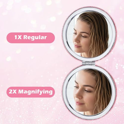 3 Pcs Purse Mirror Compact,Portable Sparkle Small Compact Mirror,Shiny Small Purse Mirror 2X1 Magnifying for Women Girls Bag,Wallet,Pocket
