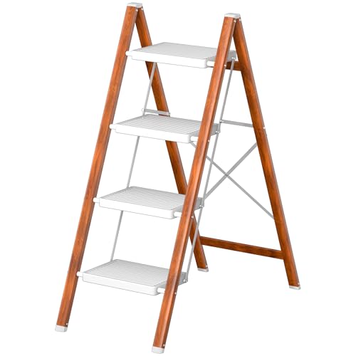 DIAMONDFORGE 4 Step Ladder, Lightweight Folding Step with Wide Anti-Slip Pedal & Feet, 330 lbs Capacity,Sturdy Steel Step Ladder for Home,Office and Library,Light Woodgrain - color: Light Woodgrain, size: 4 Step