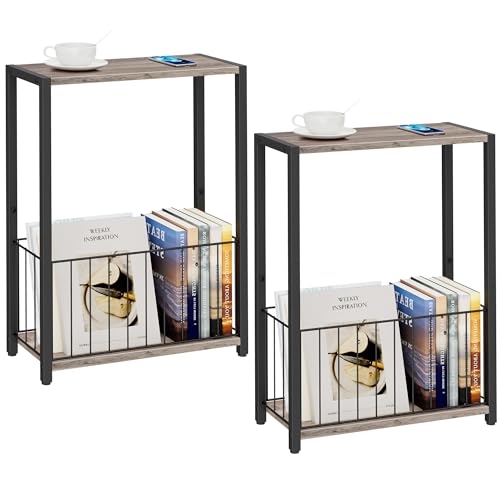 Homleke Narrow Side Tables Set of 2 with Magazine Holder, Skinny End Tables Perfect for Small Spaces, Space-Saving Design for Living Room, Bedroom, or Office, 7.1" D x 16.9" W x 23.6" H, Greige - color: Greige - Standard