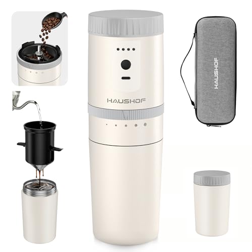 HAUSHOF Portable Coffee Grinder, Camping Coffee Makers, Portable Burr Coffee Grinder and Brewing Kit, Rechargeable, Personal Cordless Coffee Maker for Car, Camping, for Home Use - color: White