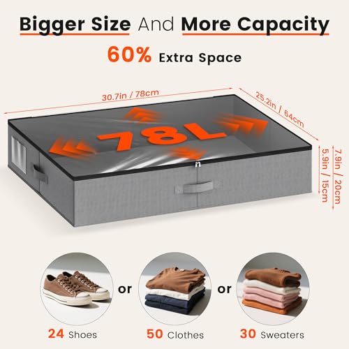 XXXL 78L Under Bed Storage, Storage Containers with Support & Clear Lid, Support Frame, Underbed Storage Bins for Clothes, Shoes, Blankets, and Toys 2 pack - size: No-wheels-78L-2pack