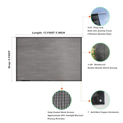 Shadeidea RV Awning Sun Shade Screen - 9' X 13' 5'' (Fit for 14' Awning) Mesh Sunshade for Motorhome Camping Trailer Awning Shadescreen UV Sunblocker Canopy Sunscreen - 3 Year Warranty (Black) - size: 9' 0'' x 13' 5'' -Actual Measurement
