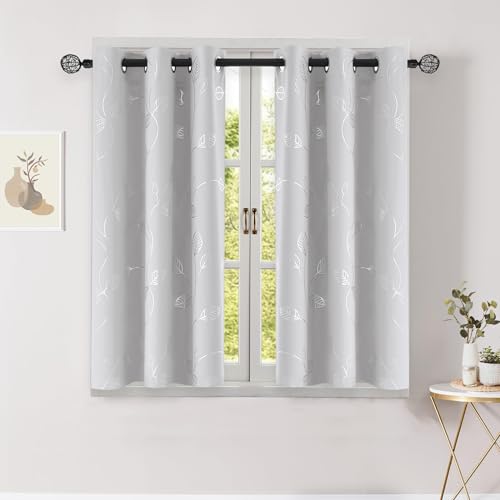 BUHUA Short Blackout Curtains for Kitchen, Half Window Treatment for Bedroom Energy Saving Privacy Shade for RV Camper Bathroom Basement, W38 x L36 inches, Greyish White, 2 Panel Set - color: Silver Leaf /Greyish White, size: 38Wx36L