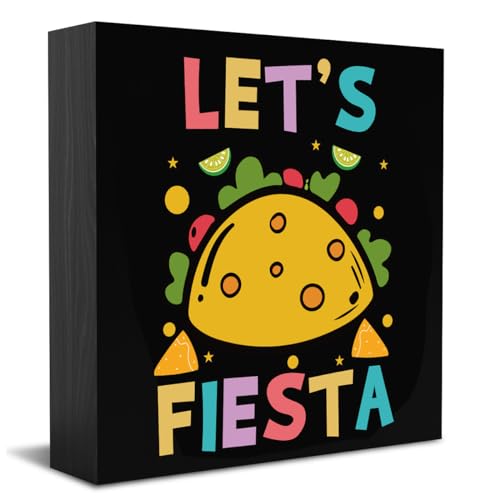 Funny Mexican Fiesta Desk Decor Wooden Box Welcome Holiday Rustic Black Wood Block Plaque Box Sign for Home Farmhouse Office Kitchen Living Room Shelf Table Party Decoration Let's Fiesta - color: Let's fiesta