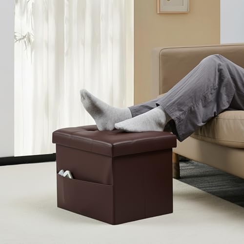 Bsketa Storage Ottoman Foot Rest Stool, Small Leather Storage Ottomans Bench, Folding Footstool with Side Pockets, Foot Rest Under Desk for Living Room Bedroom, 17x13x13 in, Brown - color: Brown-with Side Pockets.