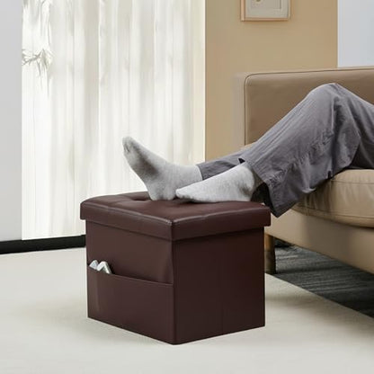 Bsketa Storage Ottoman Foot Rest Stool, Small Leather Storage Ottomans Bench, Folding Footstool with Side Pockets, Foot Rest Under Desk for Living Room Bedroom, 17x13x13 in, Brown - color: Brown-with Side Pockets.