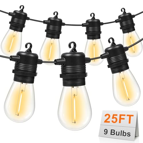 GvvooHome LED Outdoor String Lights 25FT with 9 Shatterproof S14 Bulbs, Waterproof for Porch, Deck, Garden, Balcony, Dimmable 2700K - size: 25FT