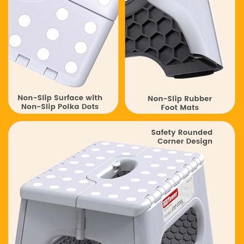 HBTower Folding Step Stool 9 Inch - Holds 600 lb, Non-Slip Surface & Carry Handle - Sturdy Step Stool for Kids, Toddlers & Adults - Compact Foldable Foot Stool for Kitchen, Bathroom, Bedroom(White) - color: White