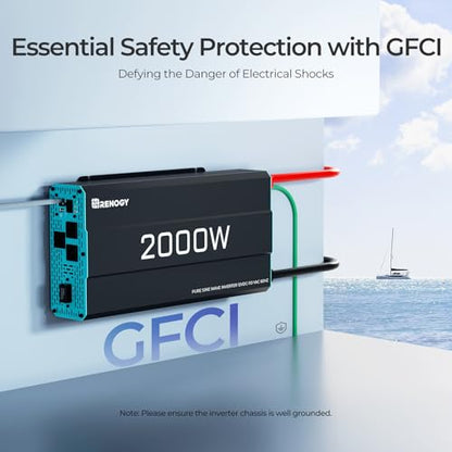Renogy Inverter P2 2000W Pure Sine Wave Inverter 12V DC to 110V AC Converter, Off-Grid Solar Power Inverters for Vehicles, Truck, RV, Home, with Built-in 5V/2.1A USB / Hardwire Port, Remote Controller - size: 2000W(No BT & ATS)