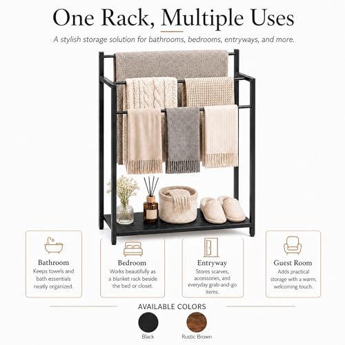 24.8" W Freestanding Towel Rack, 3 Tier Blanket Ladder Stand with Black Wooden Shelf for Bathroom Living Room - color: Black, size: 31.5" H x 24.8" W x7.9 D
