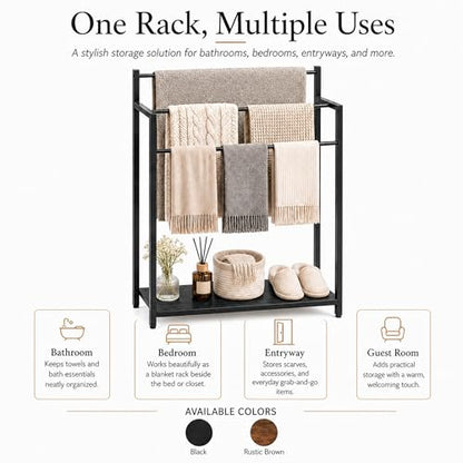 24.8" W Freestanding Towel Rack, 3 Tier Blanket Ladder Stand with Black Wooden Shelf for Bathroom Living Room - color: Black, size: 31.5" H x 24.8" W x7.9 D