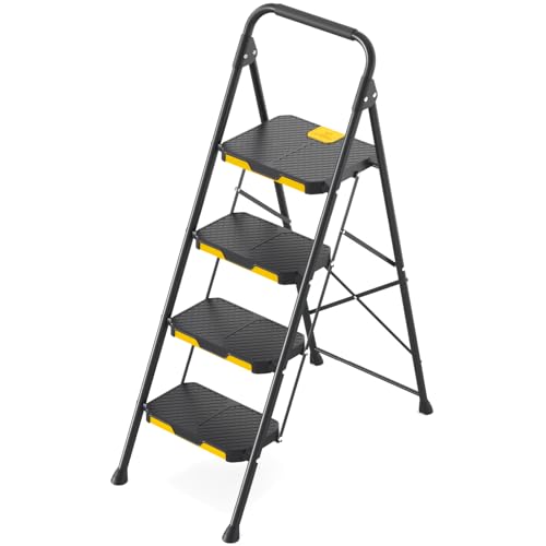 KINGRACK 4 Step Ladder, Sturdy Steel Step Stool with Safe-Lock Design, Handrail, Anti-Slip Wide Pedals, Pass 800lbs Load Testing, Folding Portable Ladder for Multi-Purpose, Home, Kitchen, Black - size: 4 Step Ladder