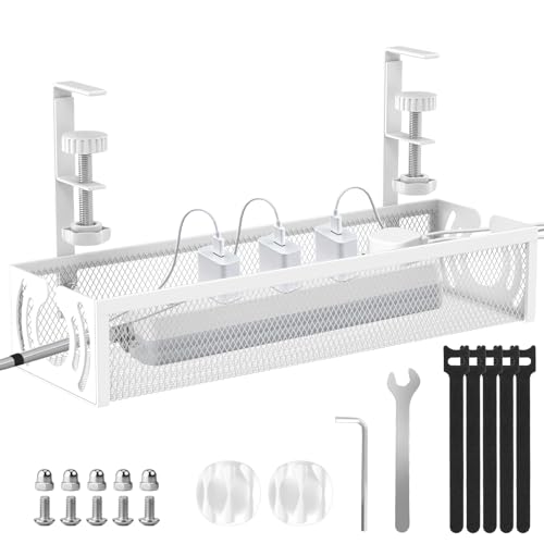 Cable Management, 15'' Under Desk Cable Management Tray No Drill, Metal Cable Organizer with Clamp for Wire Management, Cord Organizer for Home Office, Desk Accessories Organizer, White - color: White, size: 15 inch