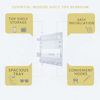Bedside Shelf with Nanotape, No Drill Wall Mounted Organizer for Phone & Remote, Floating Charging Shelf for Dorm, Apartment, RV, Small Space Bedroom Decor for College Girl,Clear