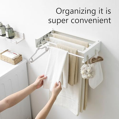 Clothes Drying Rack, Laundry Hanger Dryer Rack, Wall Mounted Drying Rack for Laundry, Foldable Drying Rack Indoor Outdoor,19.7" Wide,4 Aluminum Rods with Hooks, 40 lb Capacity (White 19.7" Hooks) - size: 19.7 Inch with hooks