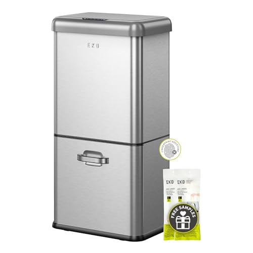 EKO Vintage 50L / 13.2 Gallon Motion Sensor Trash Can, Dual Compartment 32L + 18L Stainless Steel Kitchen Garbage Bin, Touchless Automatic Waste & Recycling Bin with Lid for Home or Office - size: Vintage 50L - Stainless Steel