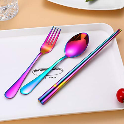 Travel Utensils,Reusable Silverware Set To Go Portable Cutlery Set with a Waterproof Carrying Case for Lunch Boxes Workplace Camping Picnic (Rainbow) - color: Rainbow