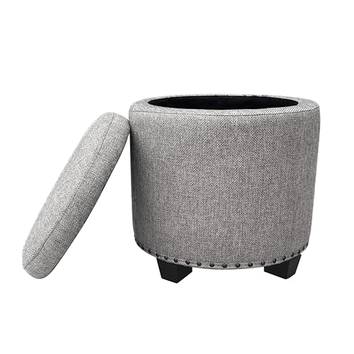 HomePop 18.5" Round Storage Ottoman with Nailheads - Grey Woven - color: Grey Woven