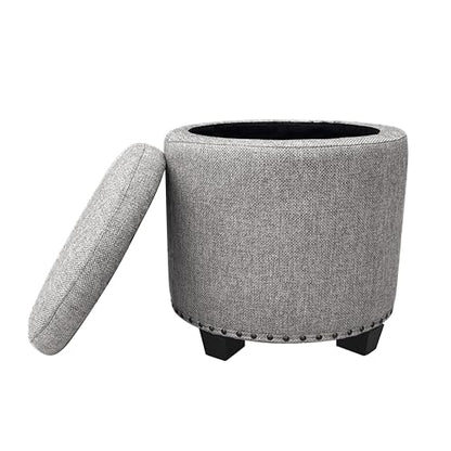 HomePop 18.5" Round Storage Ottoman with Nailheads - Grey Woven - color: Grey Woven