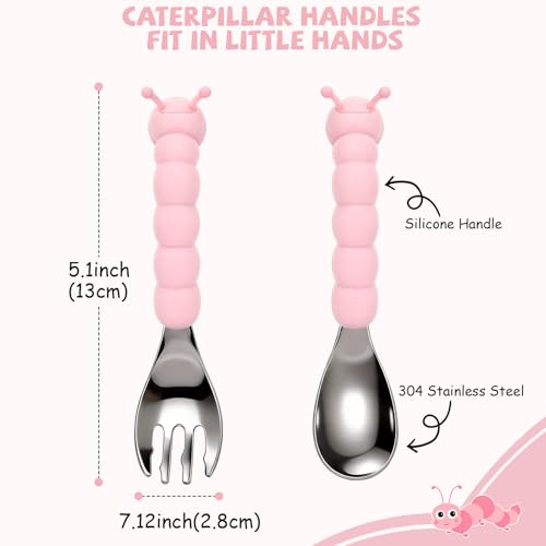 Toddler Utensils, Stainless Steel Baby Forks and Spoons Set Caterpillar Silicone Handle, Kids Silverware with Portable Storage Case, Baby Feeding Essentials, Dishwasher Safe (Pink) - color: Pink