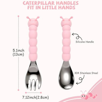 Toddler Utensils, Stainless Steel Baby Forks and Spoons Set Caterpillar Silicone Handle, Kids Silverware with Portable Storage Case, Baby Feeding Essentials, Dishwasher Safe (Pink) - color: Pink