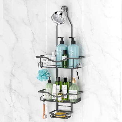 REINHARDT Shower Caddy Hanging Adjustable, Extended Length Rustproof Shower Caddy Over Shower Head with Hooks Soap Holder, Large Capacity Shower Organizer Anti-Swing Bathroom Organizer, Grey - color: Grey