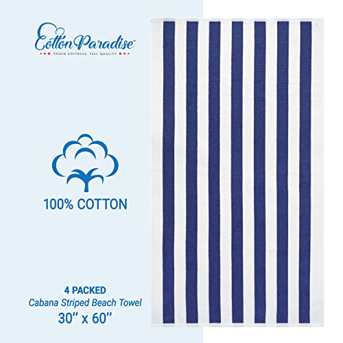 Cotton Paradise, Cabana Stripe Beach Towels 4 Packed, 30x60 inches Extra Large Pool Towels, Soft Absorbent Quick Dry, Navy Blue - color: Navy Blue