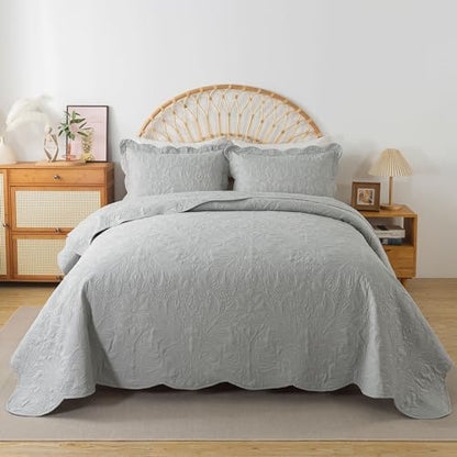 HoneiLife Quilt Set Queen Size - 3 Piece Queen Quilt Bedding Set Microfiber Quilt Sets Lightweight Bedspreads Reversible Coverlets Retro Bed Cover Floral Bedding Set All Season Quilts-Light Grey - color: Grey, size: Queen/Full-90"x96"