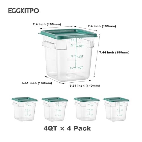 EGGKITPO 4 Pack 4 QT Food Storage Containers with Green Lids Hot Cold Resistant Stackable Square Commercial Container Set with Handle, Clear Scarle Home Party Business BPA-Free Polycarbonate - color: Green Lids, size: 4.0 QT