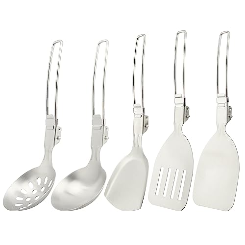 Camping Kitchen Utensil Set, 5Pcs Portable Foldable Stainless Steel Outdoor Cooking Utensil, Practical Folding Soup Ladles Strainer Spatula Kitchen Gear for Outdoor Camping