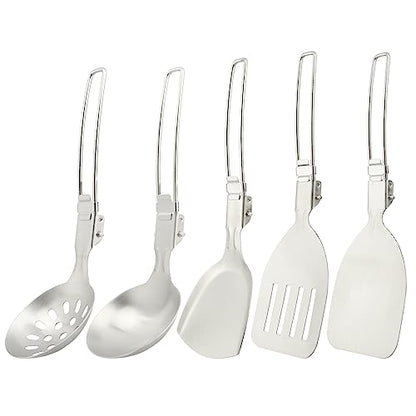 Camping Kitchen Utensil Set, 5Pcs Portable Foldable Stainless Steel Outdoor Cooking Utensil, Practical Folding Soup Ladles Strainer Spatula Kitchen Gear for Outdoor Camping