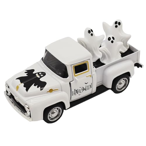 Halloween Decorations - Mini Cute Farmhouse Style Halloween Metal Truck Decor with 3 Removable Mini Ghost Ornaments for Tabletop, Tiered Tray, Shelf, Fireplace and Home Indoor Décor - color: Halloween-white