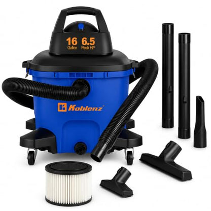 Koblenz WD-16 L4 Wet Dry Vacuum Cleaner, 16 Gallon Wet Dry Vac, 6.5 PHP, 3-in-1 Suction & Blower, Click-N-Lock Hose, Drain Plug, Big Vacuum Cleaner for Carpet & Floors, Swivel Casters, Black/Blue - size: 16 Gallon 6.5 HP