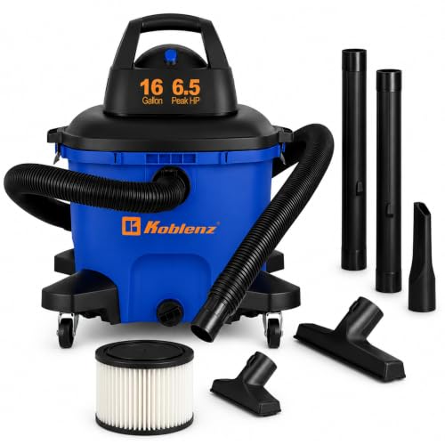 Koblenz WD-16 L4 Wet Dry Vacuum Cleaner, 16 Gallon Wet Dry Vac, 6.5 PHP, 3-in-1 Suction & Blower, Click-N-Lock Hose, Drain Plug, Big Vacuum Cleaner for Carpet & Floors, Swivel Casters, Black/Blue - size: 16 Gallon 6.5 HP