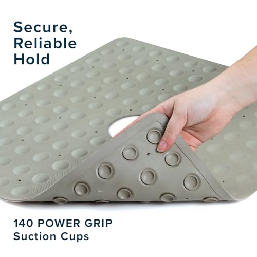 SlipX Solutions Square Natural Rubber Shower Stall Mat, 21” x 21”, Mildew Resistant, Non Slip Safety, Antimicrobial Product Protection, 140 Power Grip Suction Cups, Center Drain Hole, Tan - color: Tan