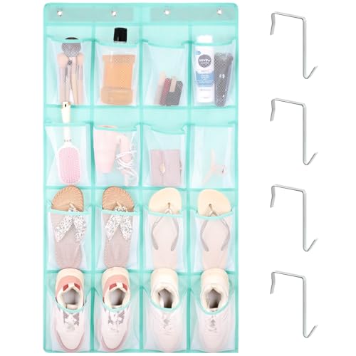 F-color 16-Pocket Hanging Organizer - Over the Door Shoe Organizer, Cruise Essentials for Cabin & RV, Breathable Mesh Storage Pockets, Space Saving Hanging Storage Holder with 4 Sturdy Metal Hooks - color: Green (M), size: M - 16 Pockets/4 Hooks