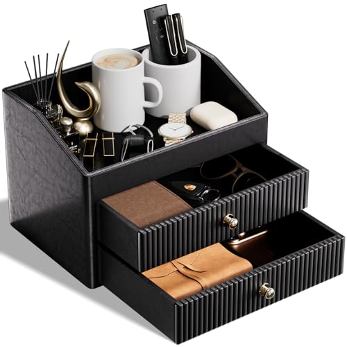 LADSTAG Office Supplies,Black Vegan Leather Office Organization with 2 Drawers & Tray,Glasses Holder with Gold-Tone Metal Accents Knob for End Tables,Bedside Table,Bedroom - color: Black, size: 3 layers