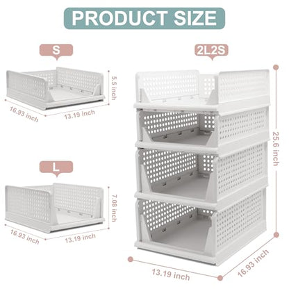 Goderewild Stackable Foldable Storage Baskets, Folding Storage Bins, Closet Organizers and Plastic Drawer Shelf Storage Container for Wardrobe, Cupboard, Kitchen, Bathroom, Office (White, 2L2S) - size: 2L2S