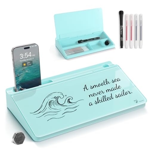 TOWON Small Compact Glass Desktop Whiteboard with Storage – 12 x 7 in Dry Erase Board for Desk, Home Office, School | Includes 5 Markers, Eraser & Holder | Space-Saving Organizer, Aesthetic Teal Blue - color: Aqua