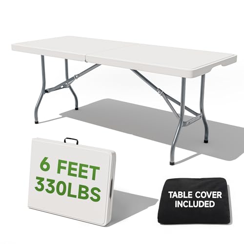 6 Foot Folding Table with Black Table Cloth- Durable 330LBS Capacity, Sturdy & Foldable Design withSafety Lock- Portable Folding Tables for Camping, Party, Indoor&Outdoor Use10 Pack - color: White, size: 6FT-10 PACK, style: Standard with Table Cloth