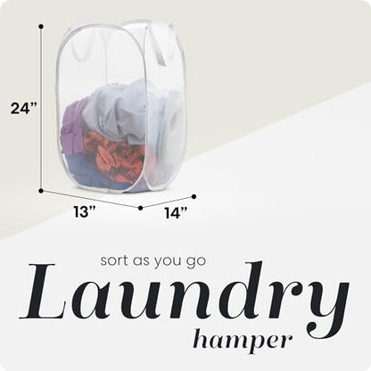 Handy Laundry Collapsible Mesh Pop Up Laundry Hamper 2-Pack, Wide Opening, Side Pocket, Space-Saving Foldable Basket for Clothes, Travel, Dorm, Kids Room, Breathable & Durable (White) - color: White, 2-PACK