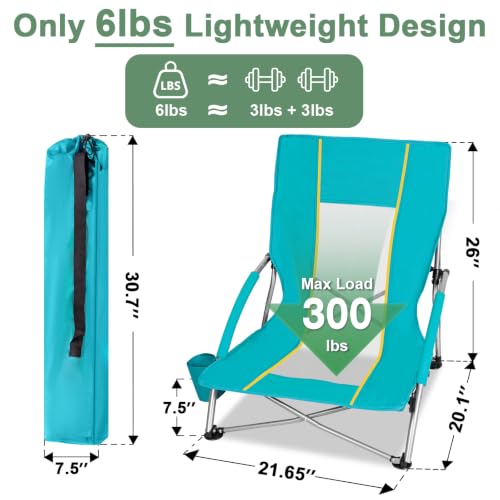 Romswi Low Beach Chairs for Adults 2 Pack, Lightweight Folding Sand Chairs with Breathable Mesh Back & Cup Holder, Portable Compact Camping Chairs, 300lbs Capacity,Green - color: Green - Low Back