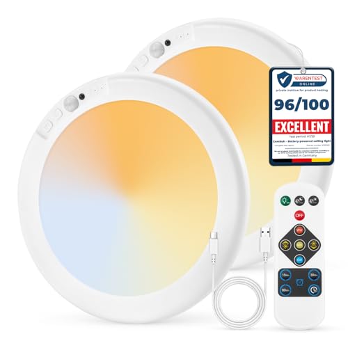 Combuh Rechargeable Motion Sensor Ceiling Light with Remote Wireless, 60 Days Battery Powered Shower Lamp Magnetic Dimming Timing Stick on Cordless Lighting for Closet Pantry without Electricity 2Pack - color: 3CCT-White, size: 2 Pack