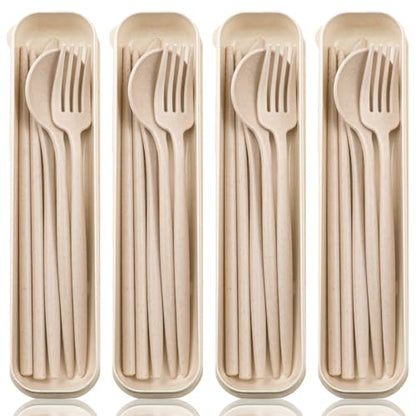ELANE 4 Sets Reusable Travel Utensils Set with Case,Camping Cutlery Set Reusable Cutlery Set with Case,Utensil Sets for Lunch Picnic Daily Use Outdoor (beige) - color: Beige